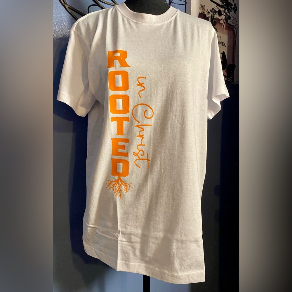 White T-Shirt with Orange 'Rooted in Christ' Design
